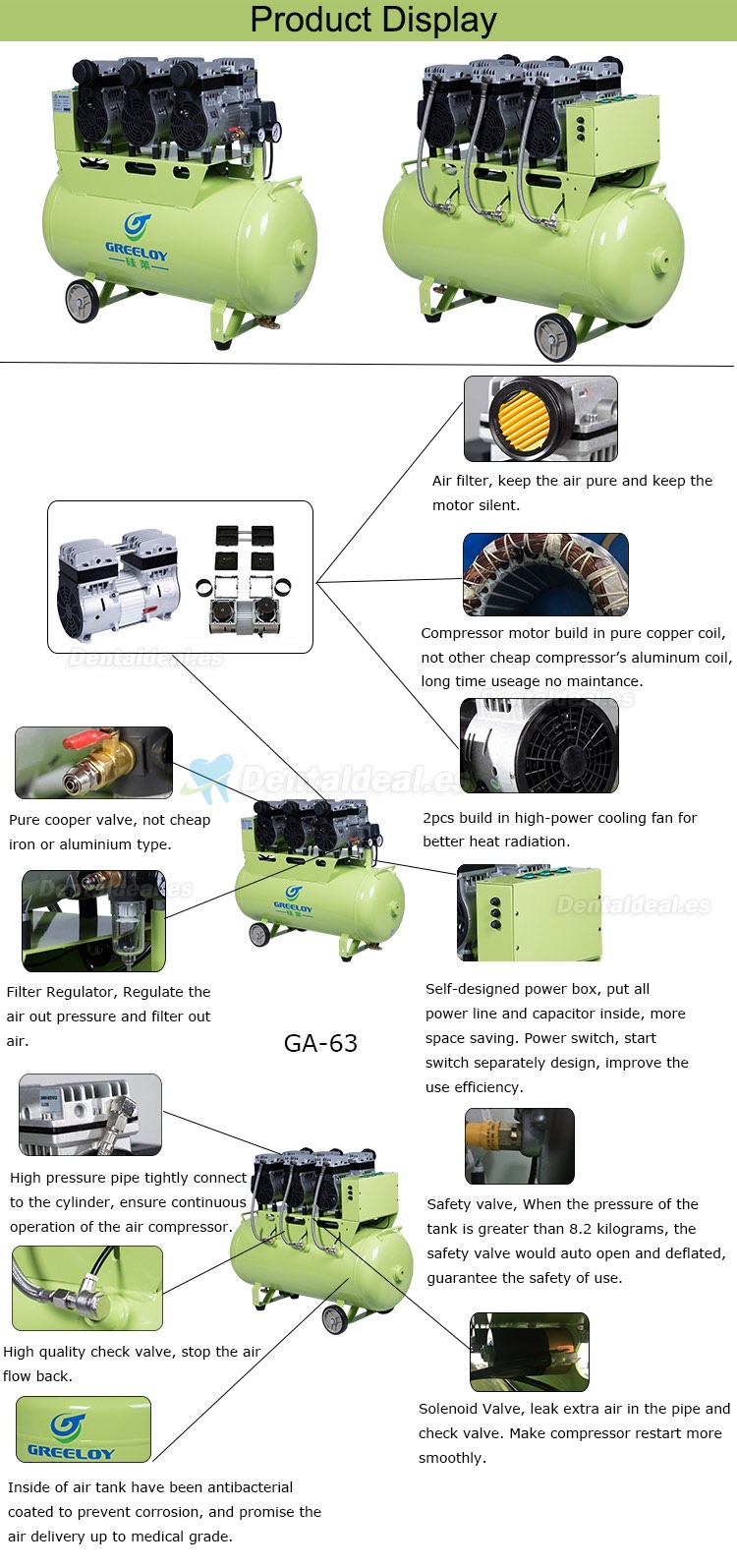 Greeloy® 1800W 90L Dentalkompressoren leise Ölfrei GA-63